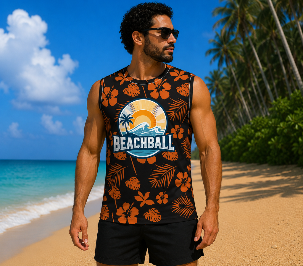 Man wearing a sleeveless shirt with 'Beachball' logo on a beach