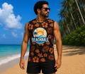Man wearing a sleeveless shirt with 'Beachball' logo on a beach